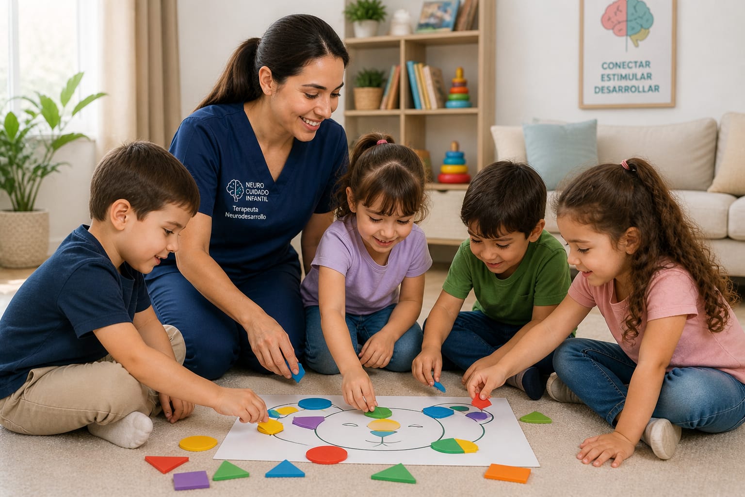 Terapeuta trabajando con grupo de niños